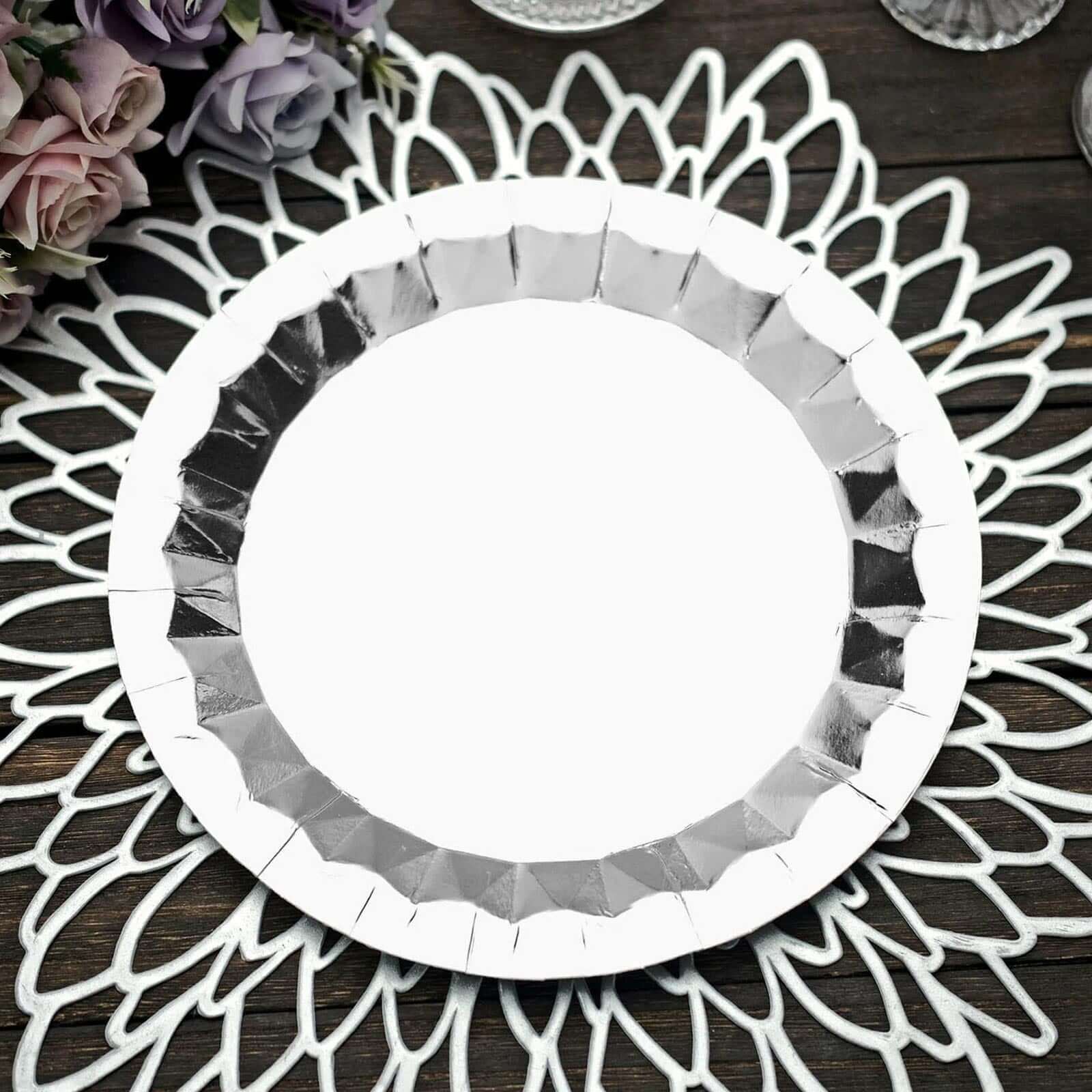 25 - Pack Paper 9" Round Dinner Plates in Metallic Silver with Geometric Prism Rim - Disposable 400GSM Party Plates - Bell Racket Store