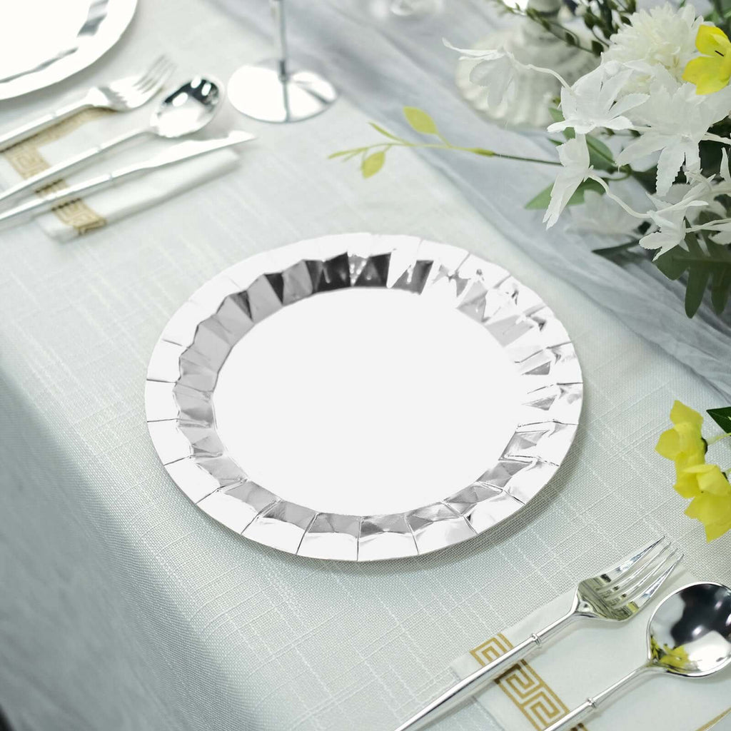 25 - Pack Paper 9" Round Dinner Plates in Metallic Silver with Geometric Prism Rim - Disposable 400GSM Party Plates - Bell Racket Store