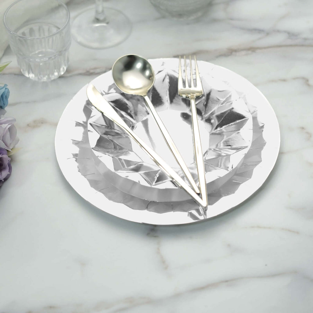 25 - Pack Paper 9" Round Dinner Plates in Metallic Silver with Geometric Prism Rim - Disposable 400GSM Party Plates - Bell Racket Store