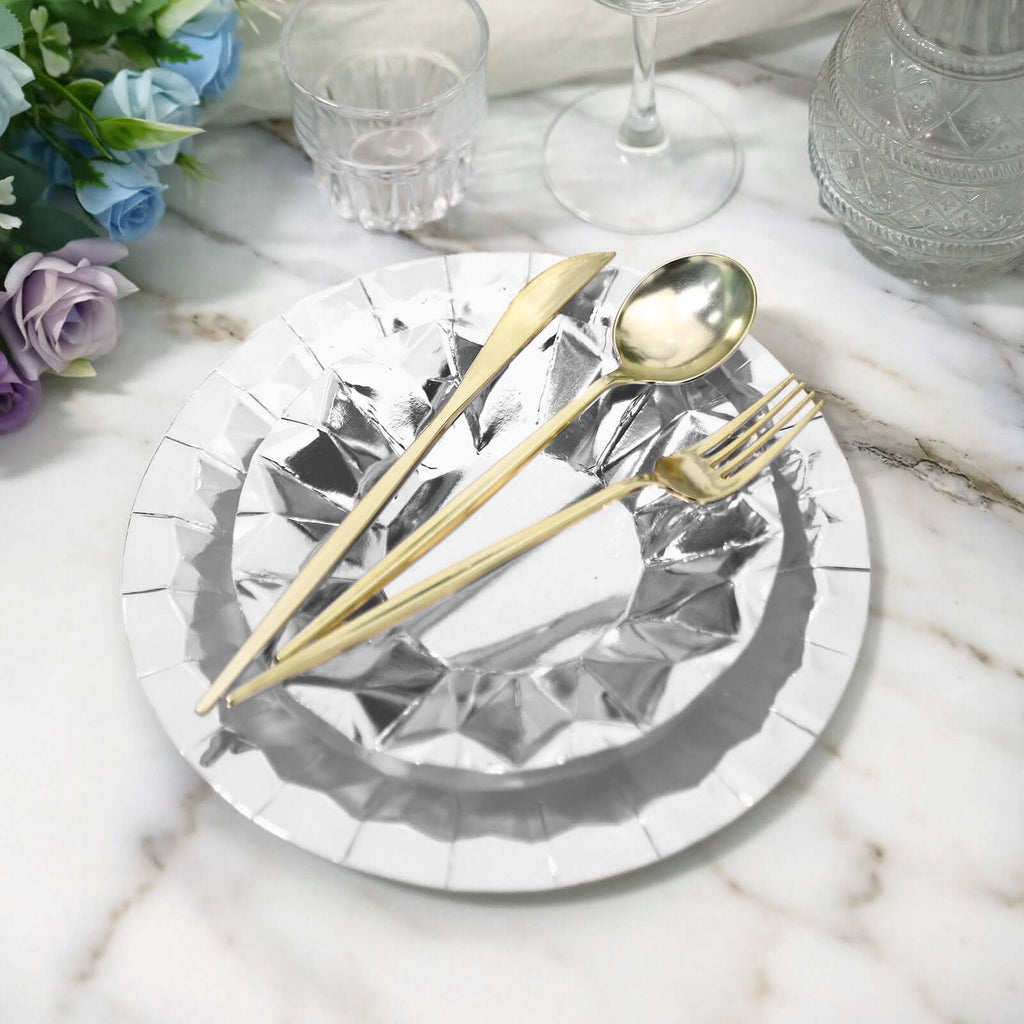 25 - Pack Paper 9" Round Dinner Plates in Metallic Silver with Geometric Prism Rim - Disposable 400GSM Party Plates - Bell Racket Store