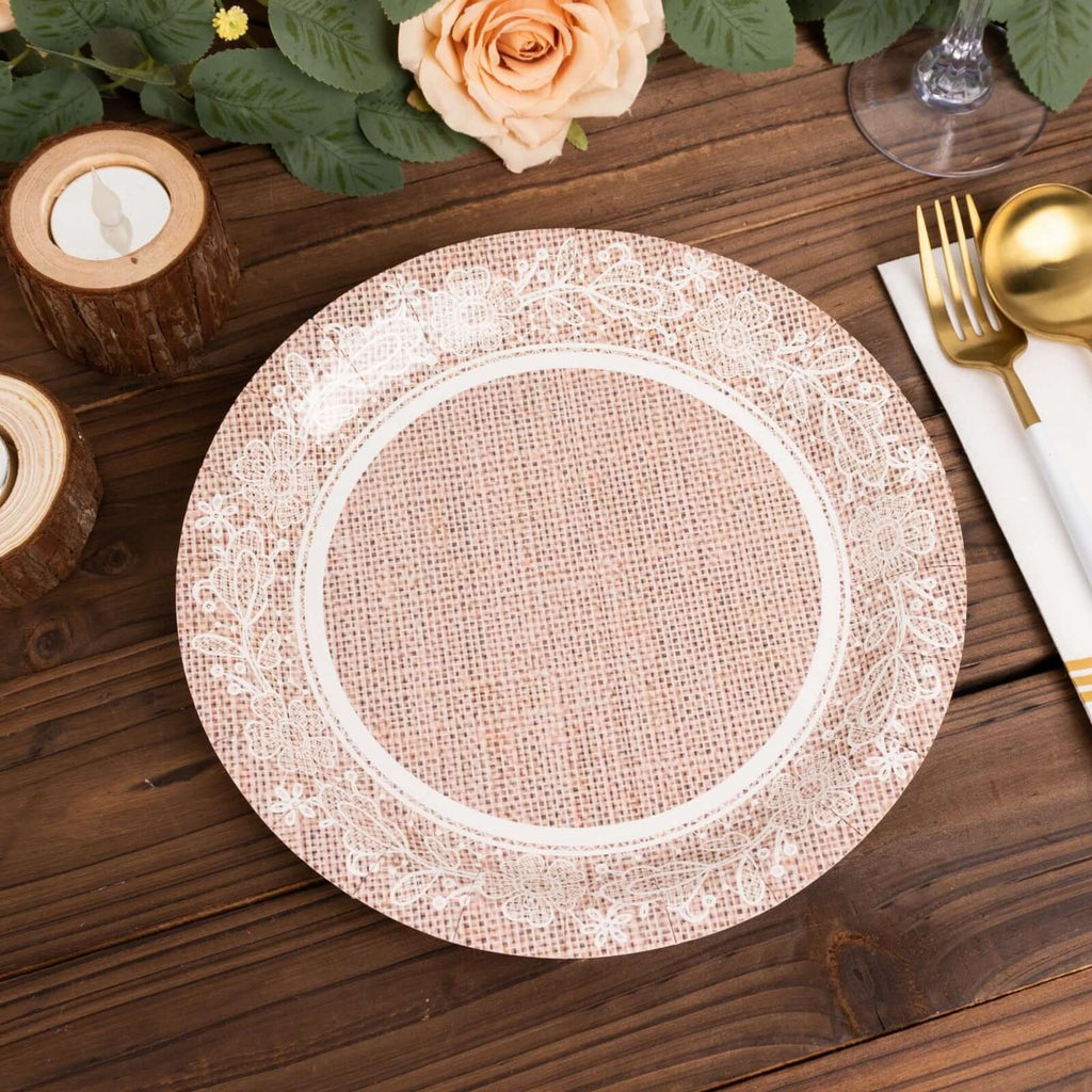 25 - Pack Paper 9" Round Dinner Plates in Natural Burlap Print with White Floral Lace Rim - Rustic Farmhouse Inspired Disposable Party Plates - Bell Racket Store