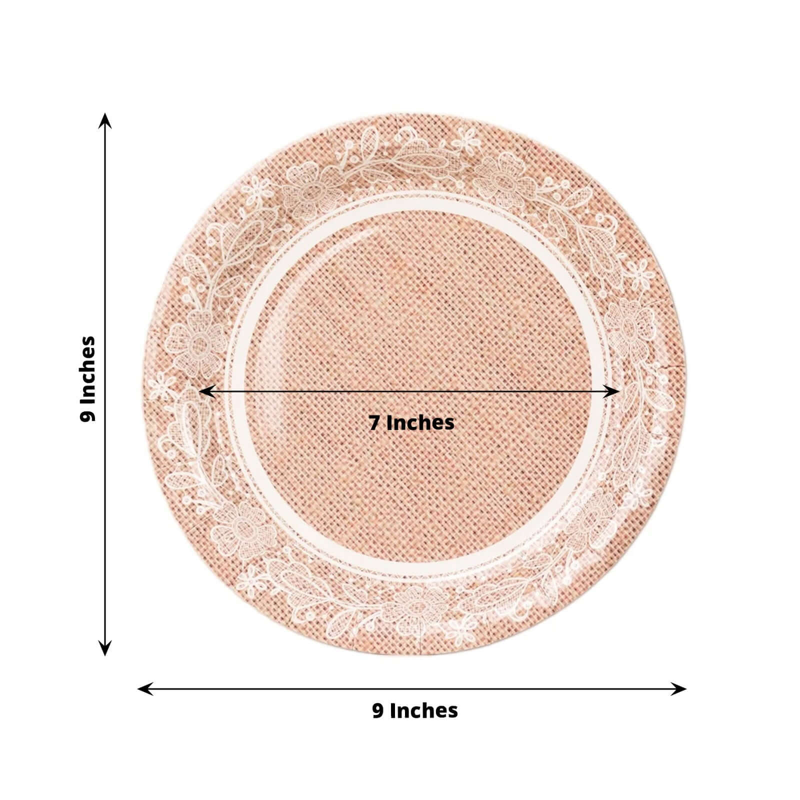25 - Pack Paper 9" Round Dinner Plates in Natural Burlap Print with White Floral Lace Rim - Rustic Farmhouse Inspired Disposable Party Plates - Bell Racket Store