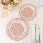 25 - Pack Paper 9" Round Dinner Plates in Natural Burlap Print with White Floral Lace Rim - Rustic Farmhouse Inspired Disposable Party Plates - Bell Racket Store