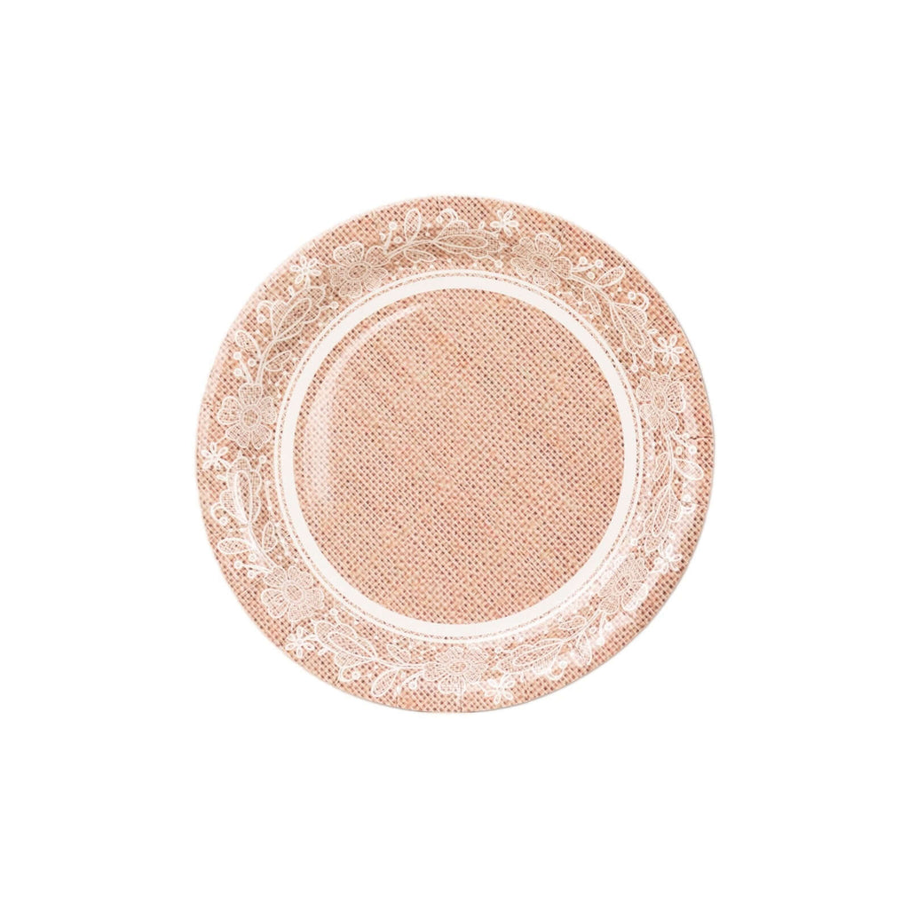 25 - Pack Paper 9" Round Dinner Plates in Natural Burlap Print with White Floral Lace Rim - Rustic Farmhouse Inspired Disposable Party Plates - Bell Racket Store