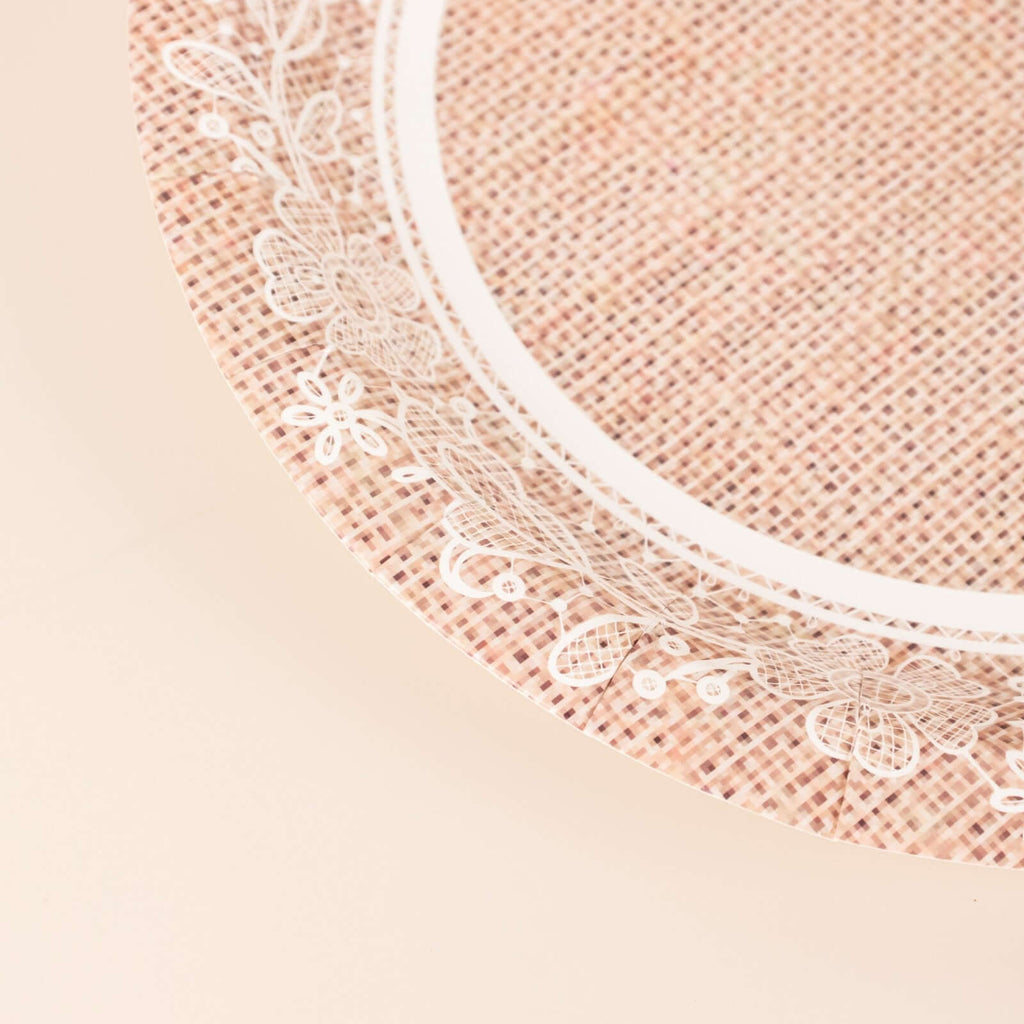 25 - Pack Paper 9" Round Dinner Plates in Natural Burlap Print with White Floral Lace Rim - Rustic Farmhouse Inspired Disposable Party Plates - Bell Racket Store