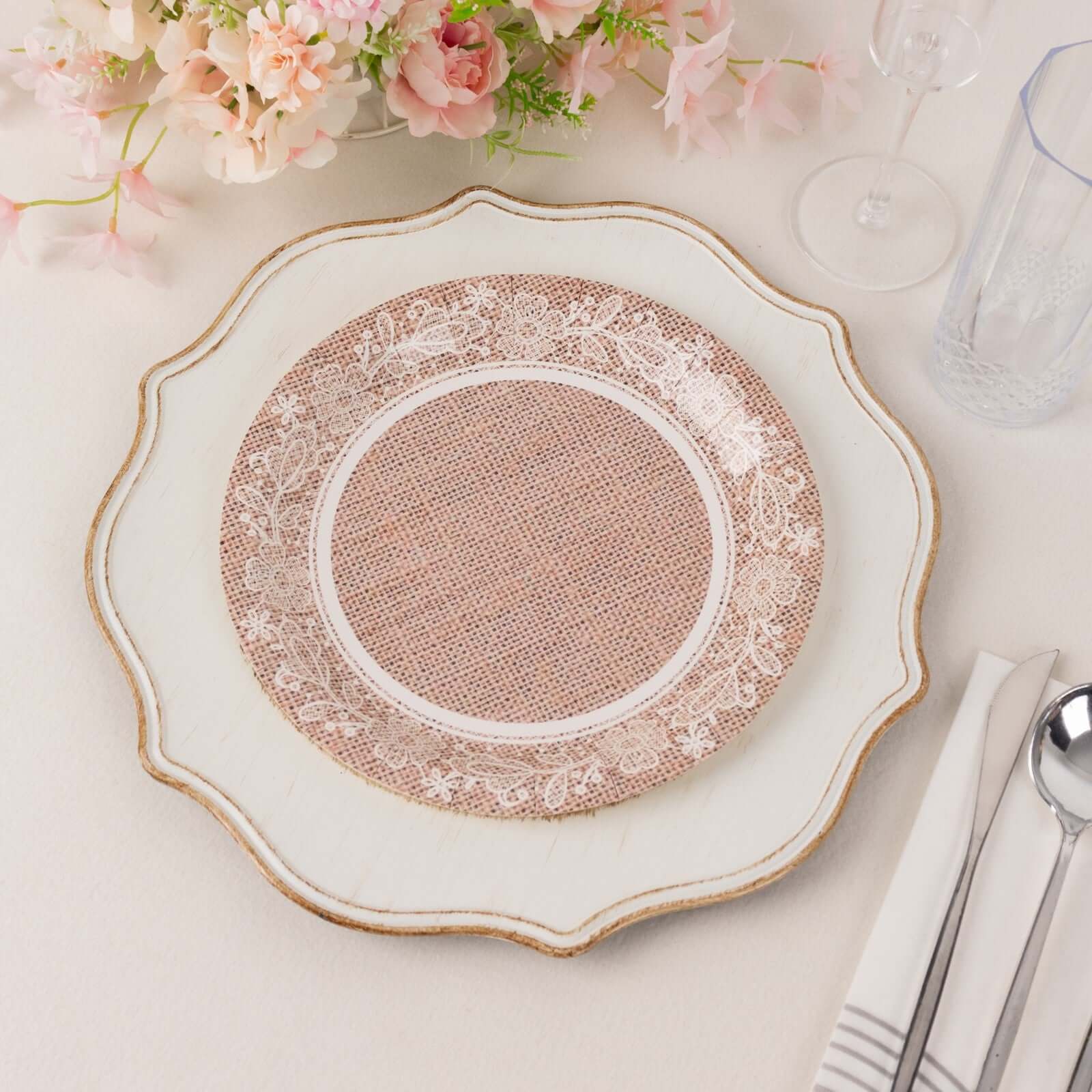 25 - Pack Paper 9" Round Dinner Plates in Natural Burlap Print with White Floral Lace Rim - Rustic Farmhouse Inspired Disposable Party Plates - Bell Racket Store
