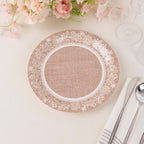 25 - Pack Paper 9" Round Dinner Plates in Natural Burlap Print with White Floral Lace Rim - Rustic Farmhouse Inspired Disposable Party Plates - Bell Racket Store