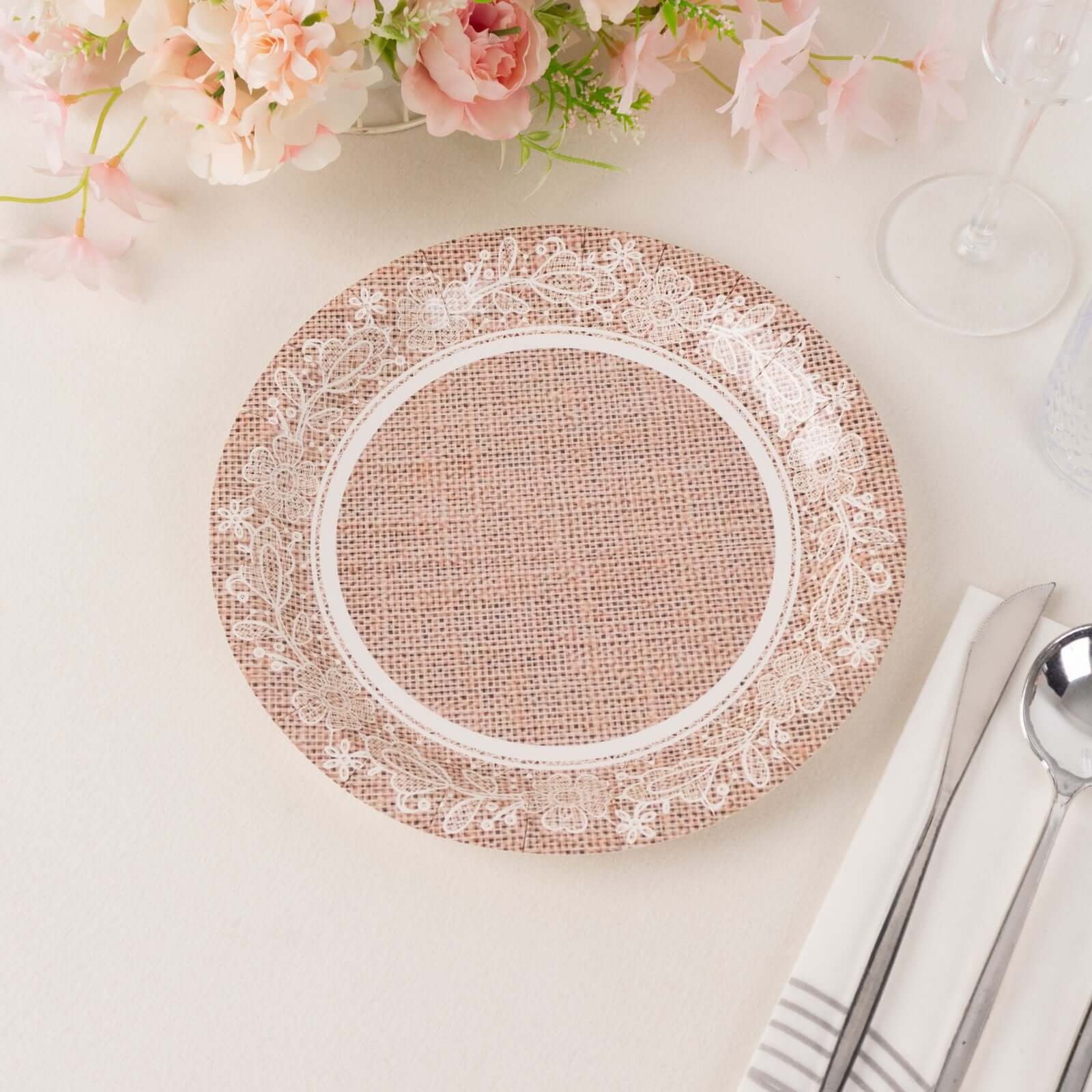25 - Pack Paper 9" Round Dinner Plates in Natural Burlap Print with White Floral Lace Rim - Rustic Farmhouse Inspired Disposable Party Plates - Bell Racket Store