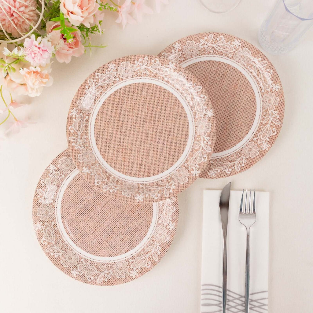 25 - Pack Paper 9" Round Dinner Plates in Natural Burlap Print with White Floral Lace Rim - Rustic Farmhouse Inspired Disposable Party Plates - Bell Racket Store