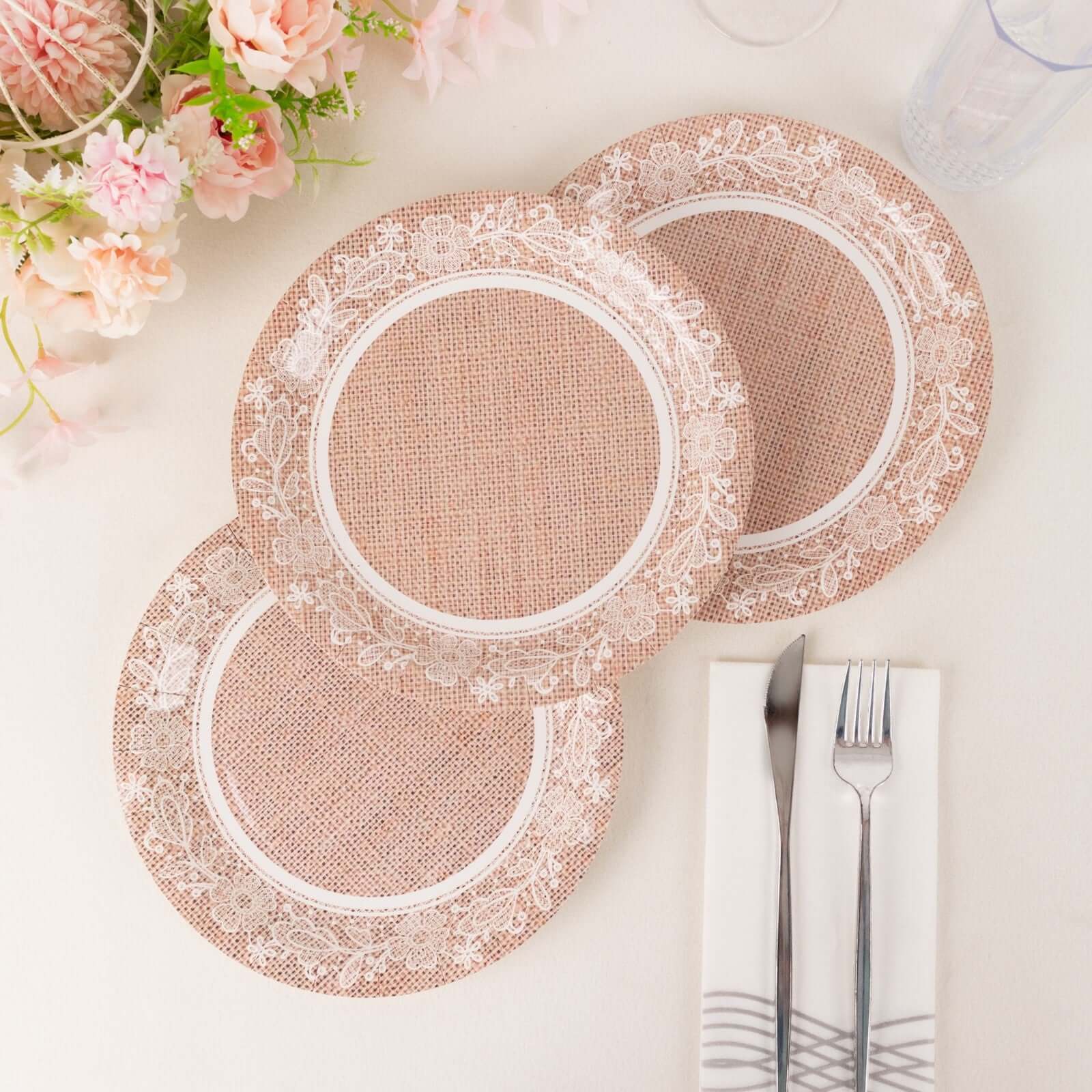 25 - Pack Paper 9" Round Dinner Plates in Natural Burlap Print with White Floral Lace Rim - Rustic Farmhouse Inspired Disposable Party Plates - Bell Racket Store