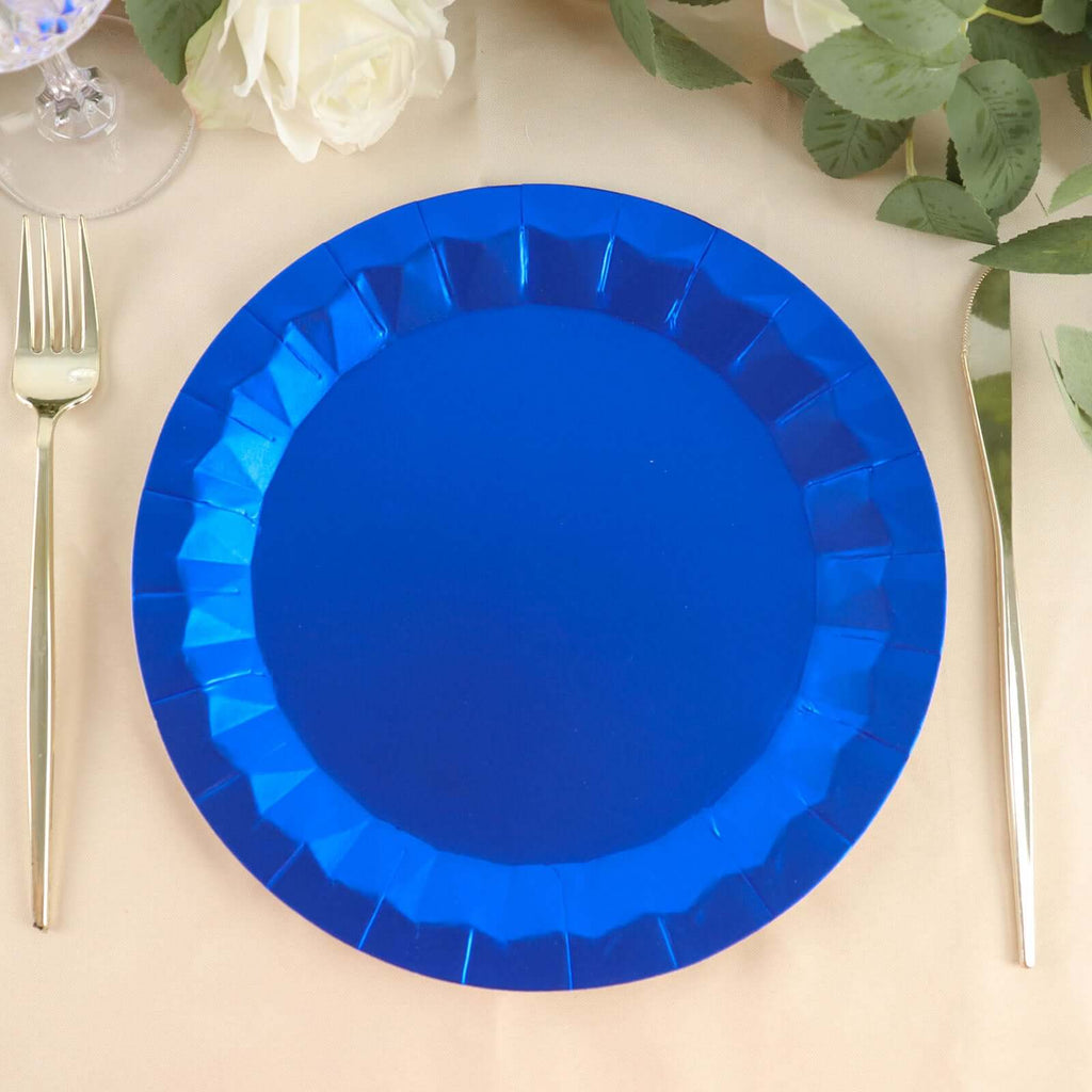 25 - Pack Paper 9" Round Dinner Plates in Royal Blue with Geometric Prism Rim - Disposable 400GSM Party Plates - Bell Racket Store
