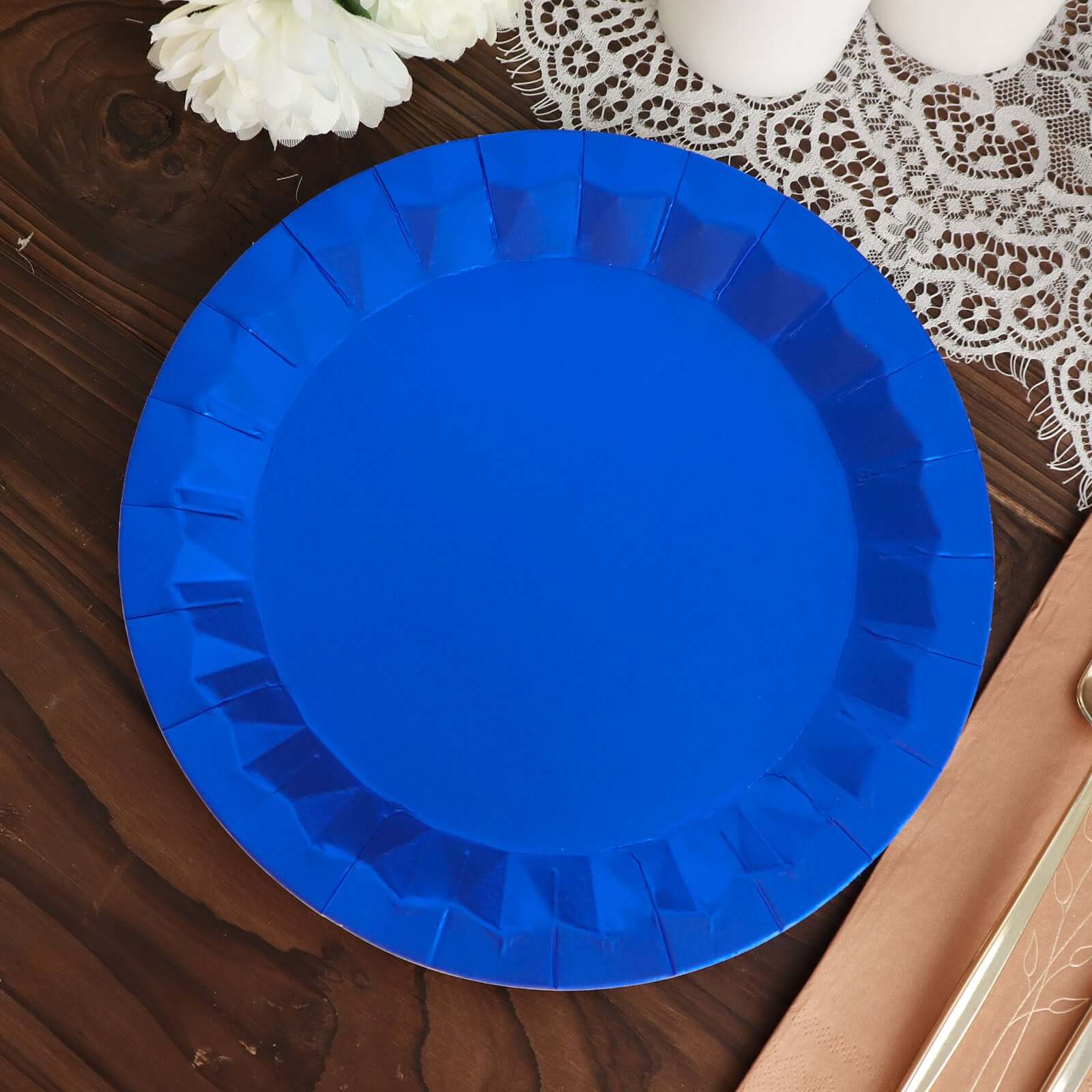 25 - Pack Paper 9" Round Dinner Plates in Royal Blue with Geometric Prism Rim - Disposable 400GSM Party Plates - Bell Racket Store