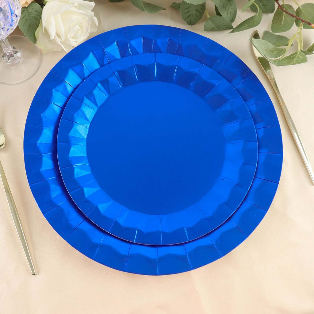 25 - Pack Paper 9" Round Dinner Plates in Royal Blue with Geometric Prism Rim - Disposable 400GSM Party Plates - Bell Racket Store