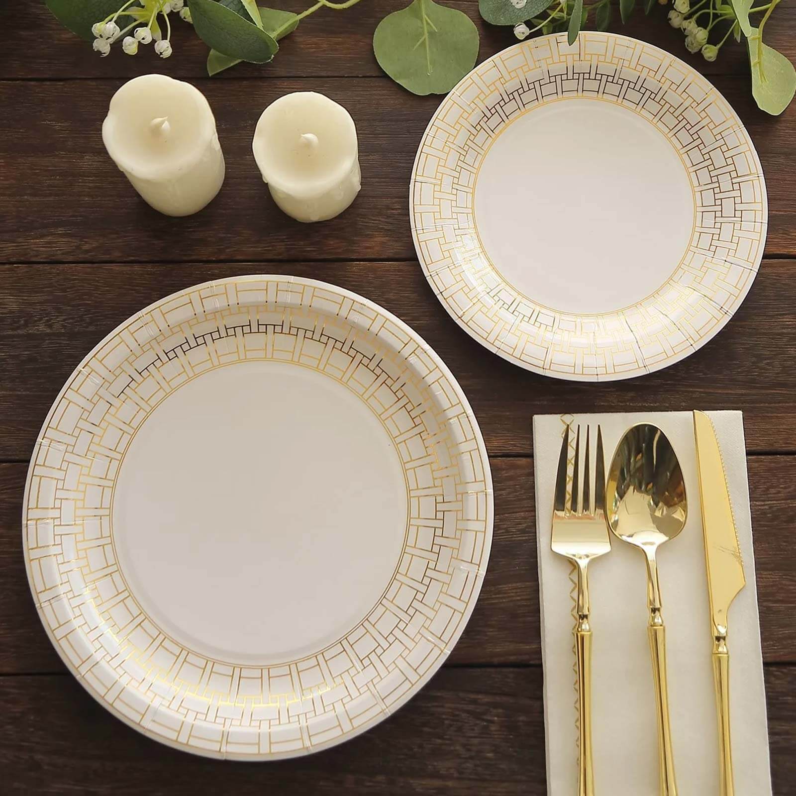 25 - Pack Paper 9" Round Dinner Plates in White with Gold Basketweave Rim - Disposable Party Plates for Stylish SoirÃ©es & Festive Brunches - Bell Racket Store