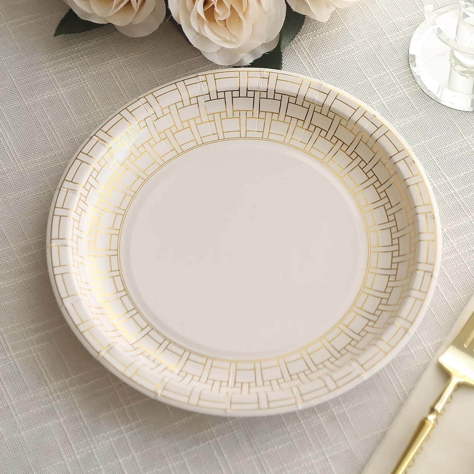 25 - Pack Paper 9" Round Dinner Plates in White with Gold Basketweave Rim - Disposable Party Plates for Stylish SoirÃ©es & Festive Brunches - Bell Racket Store