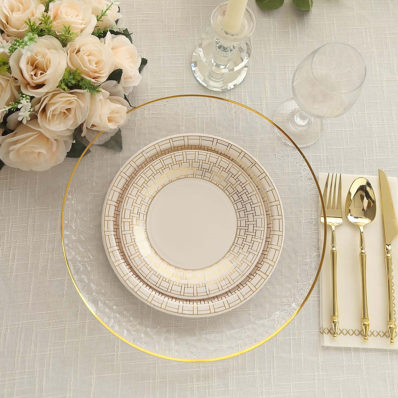 25 - Pack Paper 9" Round Dinner Plates in White with Gold Basketweave Rim - Disposable Party Plates for Stylish SoirÃ©es & Festive Brunches - Bell Racket Store