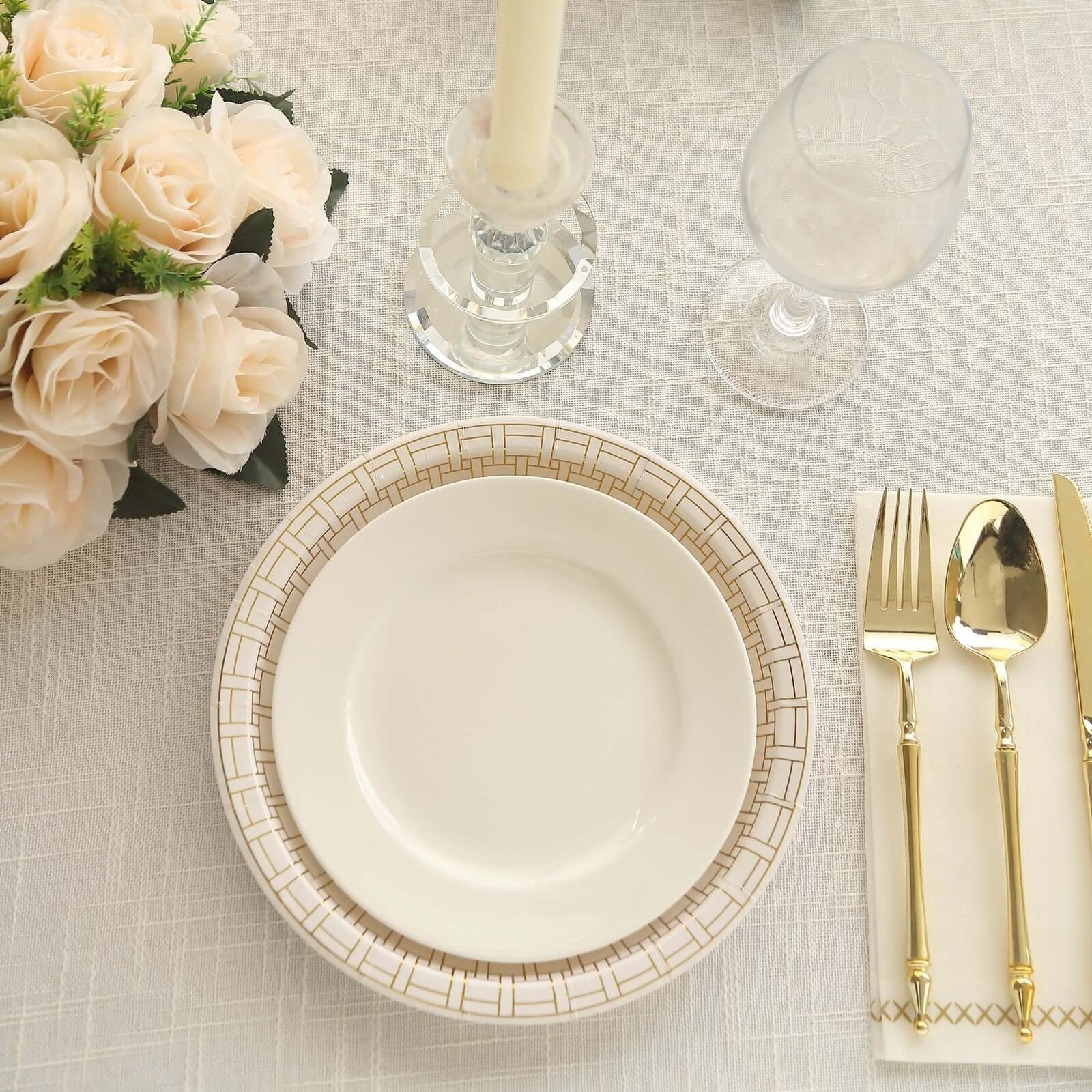 25 - Pack Paper 9" Round Dinner Plates in White with Gold Basketweave Rim - Disposable Party Plates for Stylish SoirÃ©es & Festive Brunches - Bell Racket Store