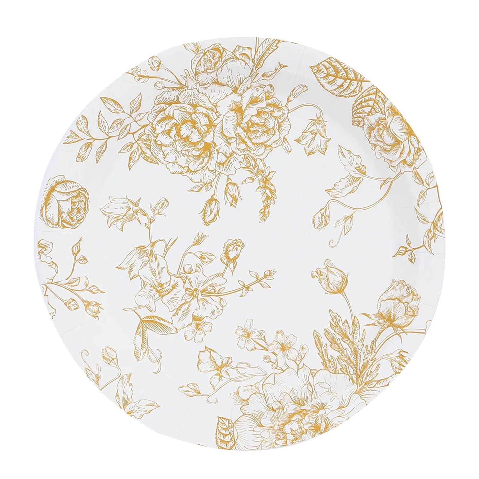 25 - Pack Paper 9" Round Dinner Plates in White with Gold French Toile Pattern - Disposable Floral Party Plates for Stylish Events - Bell Racket Store