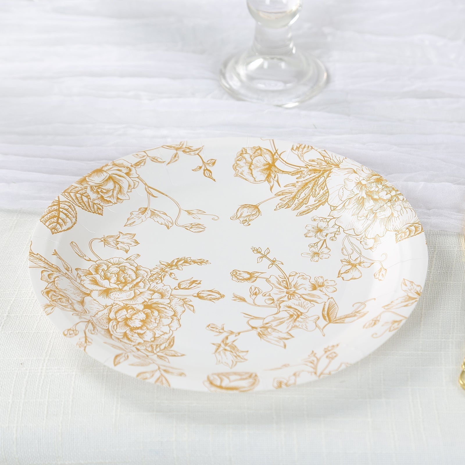 25 - Pack Paper 9" Round Dinner Plates in White with Gold French Toile Pattern - Disposable Floral Party Plates for Stylish Events - Bell Racket Store