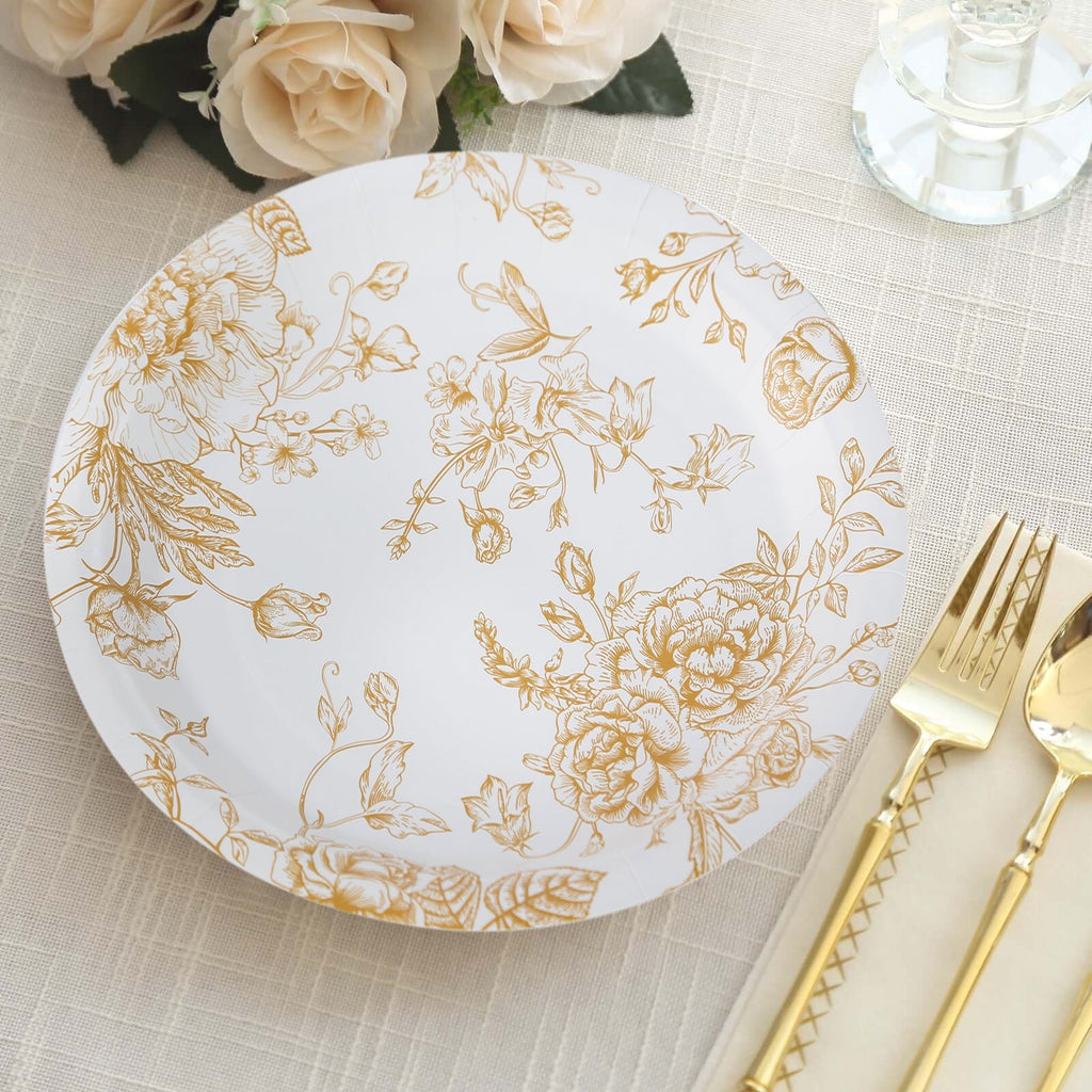 25 - Pack Paper 9" Round Dinner Plates in White with Gold French Toile Pattern - Disposable Floral Party Plates for Stylish Events - Bell Racket Store