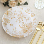25 - Pack Paper 9" Round Dinner Plates in White with Gold French Toile Pattern - Disposable Floral Party Plates for Stylish Events - Bell Racket Store