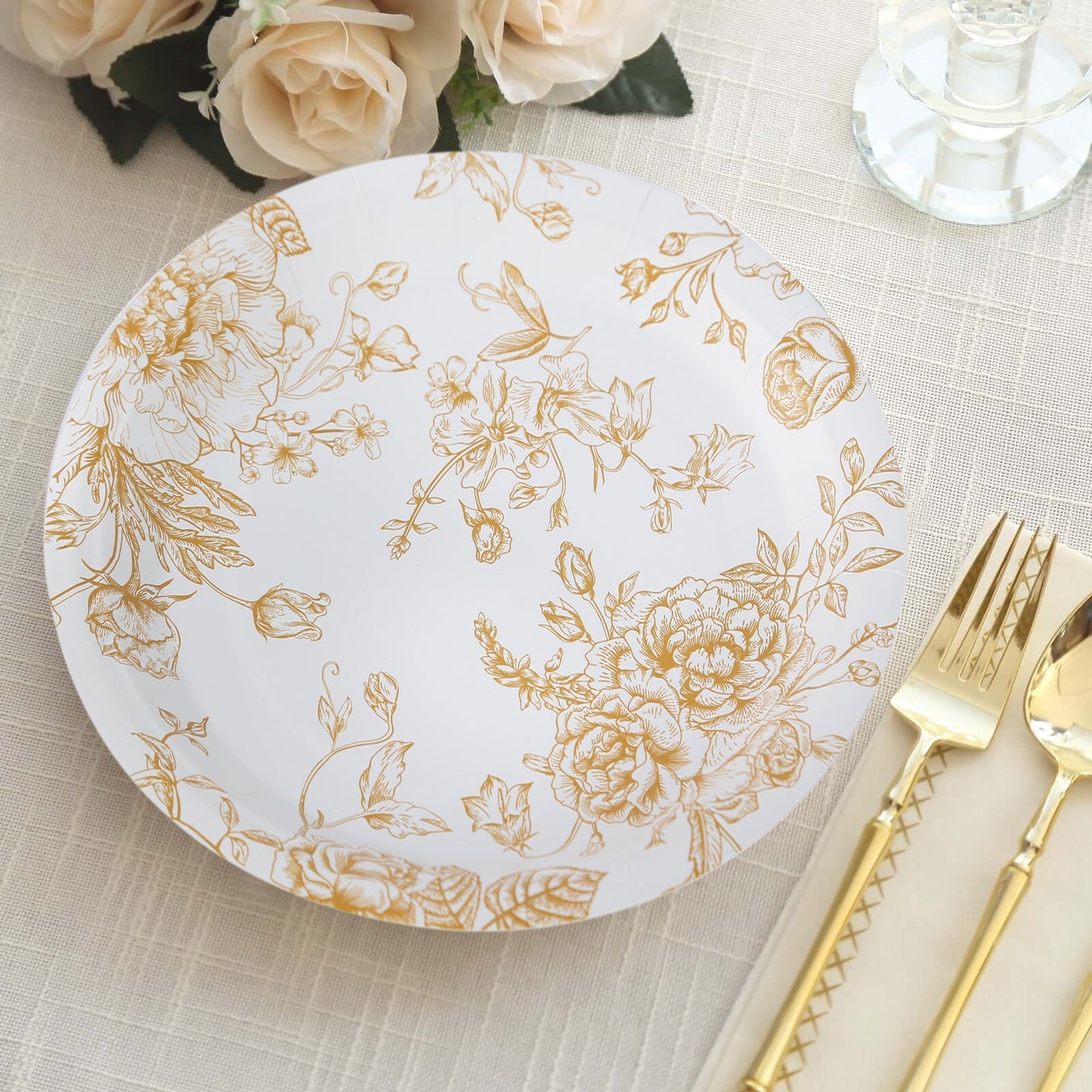 25 - Pack Paper 9" Round Dinner Plates in White with Gold French Toile Pattern - Disposable Floral Party Plates for Stylish Events - Bell Racket Store