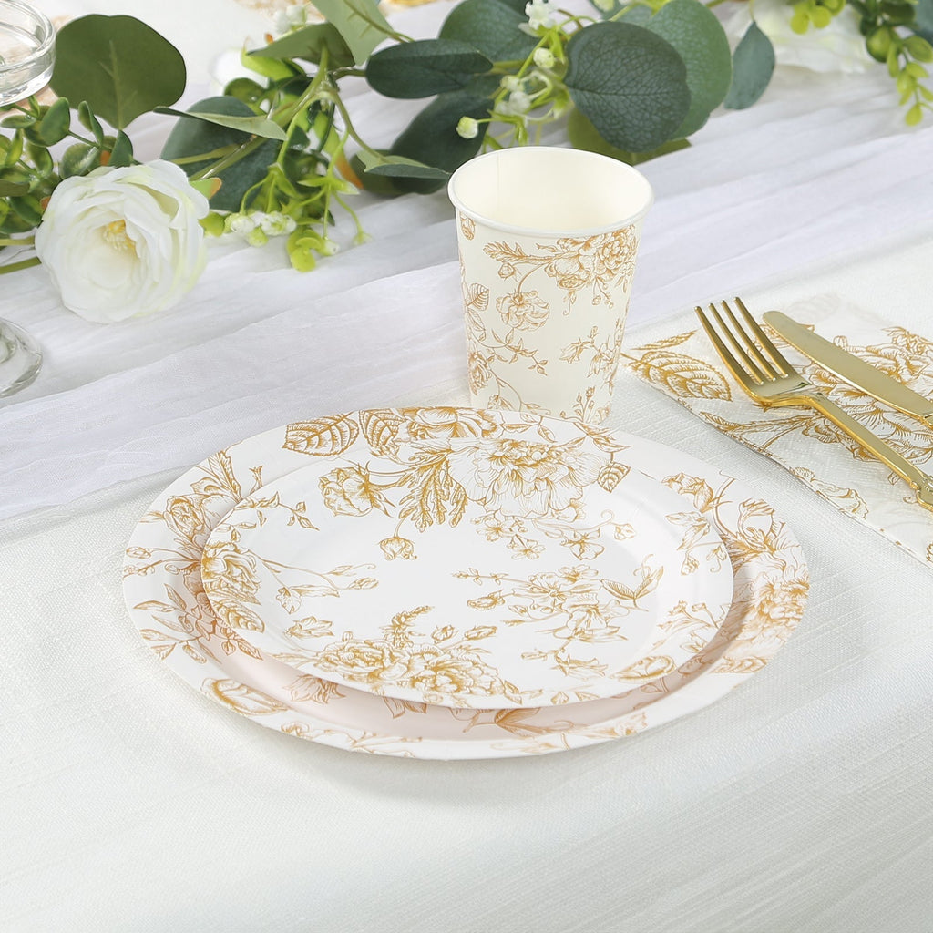 25 - Pack Paper 9" Round Dinner Plates in White with Gold French Toile Pattern - Disposable Floral Party Plates for Stylish Events - Bell Racket Store