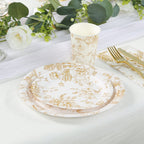 25 - Pack Paper 9" Round Dinner Plates in White with Gold French Toile Pattern - Disposable Floral Party Plates for Stylish Events - Bell Racket Store