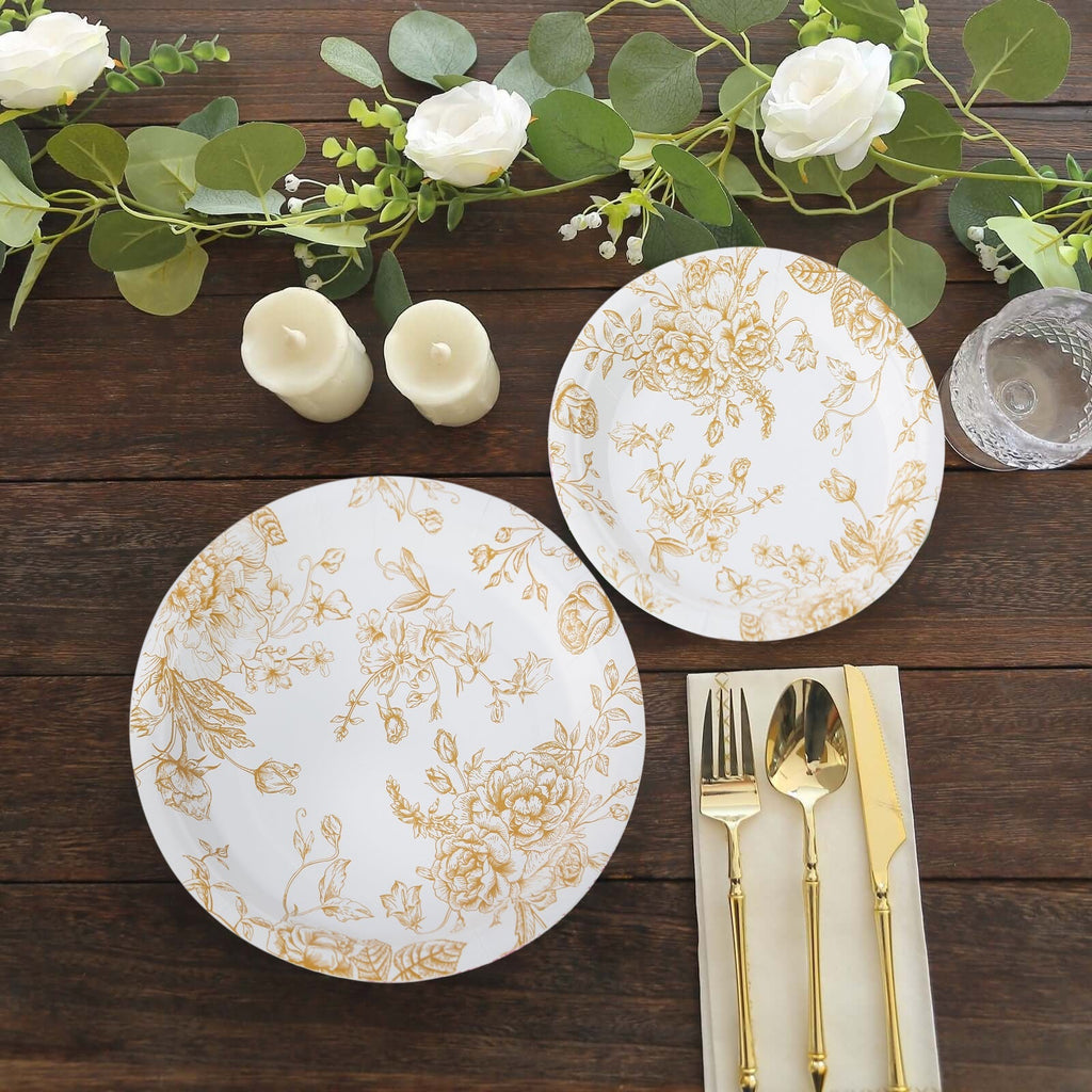 25 - Pack Paper 9" Round Dinner Plates in White with Gold French Toile Pattern - Disposable Floral Party Plates for Stylish Events - Bell Racket Store