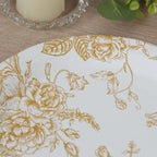 25 - Pack Paper 9" Round Dinner Plates in White with Gold French Toile Pattern - Disposable Floral Party Plates for Stylish Events - Bell Racket Store