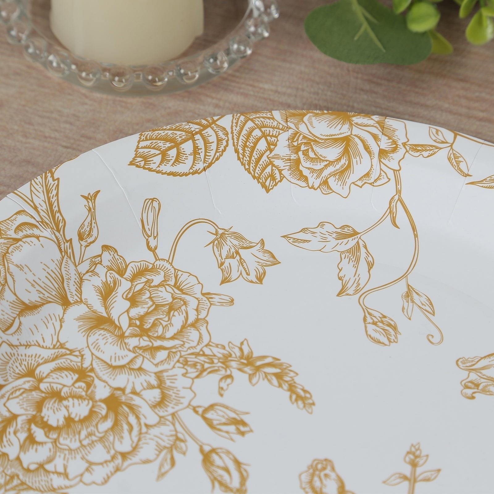 25 - Pack Paper 9" Round Dinner Plates in White with Gold French Toile Pattern - Disposable Floral Party Plates for Stylish Events - Bell Racket Store