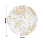 25 - Pack Paper 9" Round Dinner Plates in White with Gold French Toile Pattern - Disposable Floral Party Plates for Stylish Events - Bell Racket Store