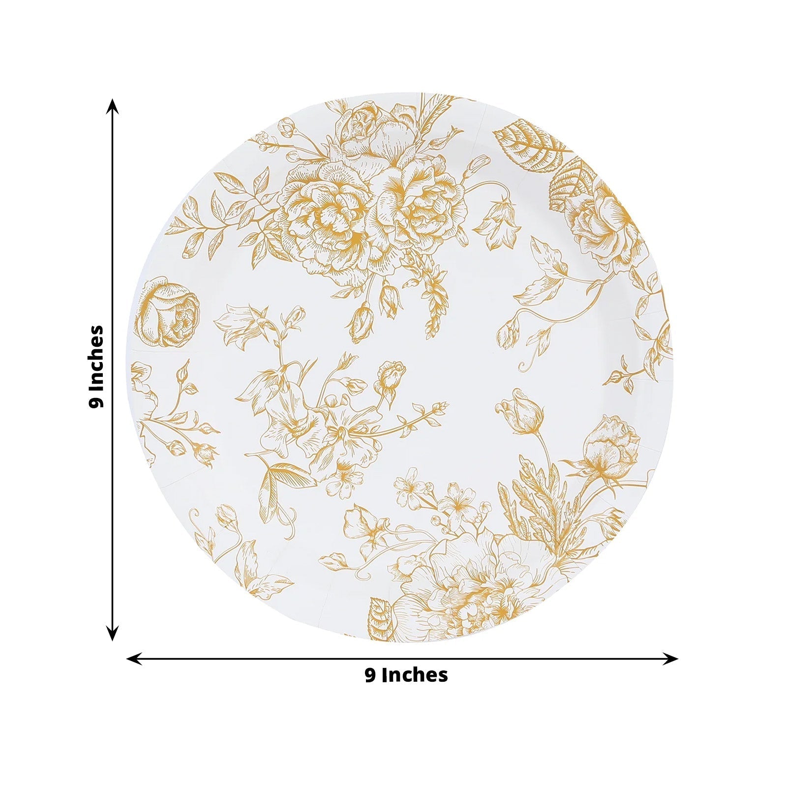 25 - Pack Paper 9" Round Dinner Plates in White with Gold French Toile Pattern - Disposable Floral Party Plates for Stylish Events - Bell Racket Store