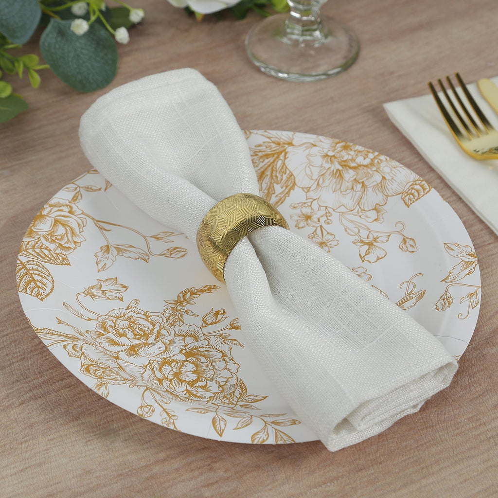 25 - Pack Paper 9" Round Dinner Plates in White with Gold French Toile Pattern - Disposable Floral Party Plates for Stylish Events - Bell Racket Store