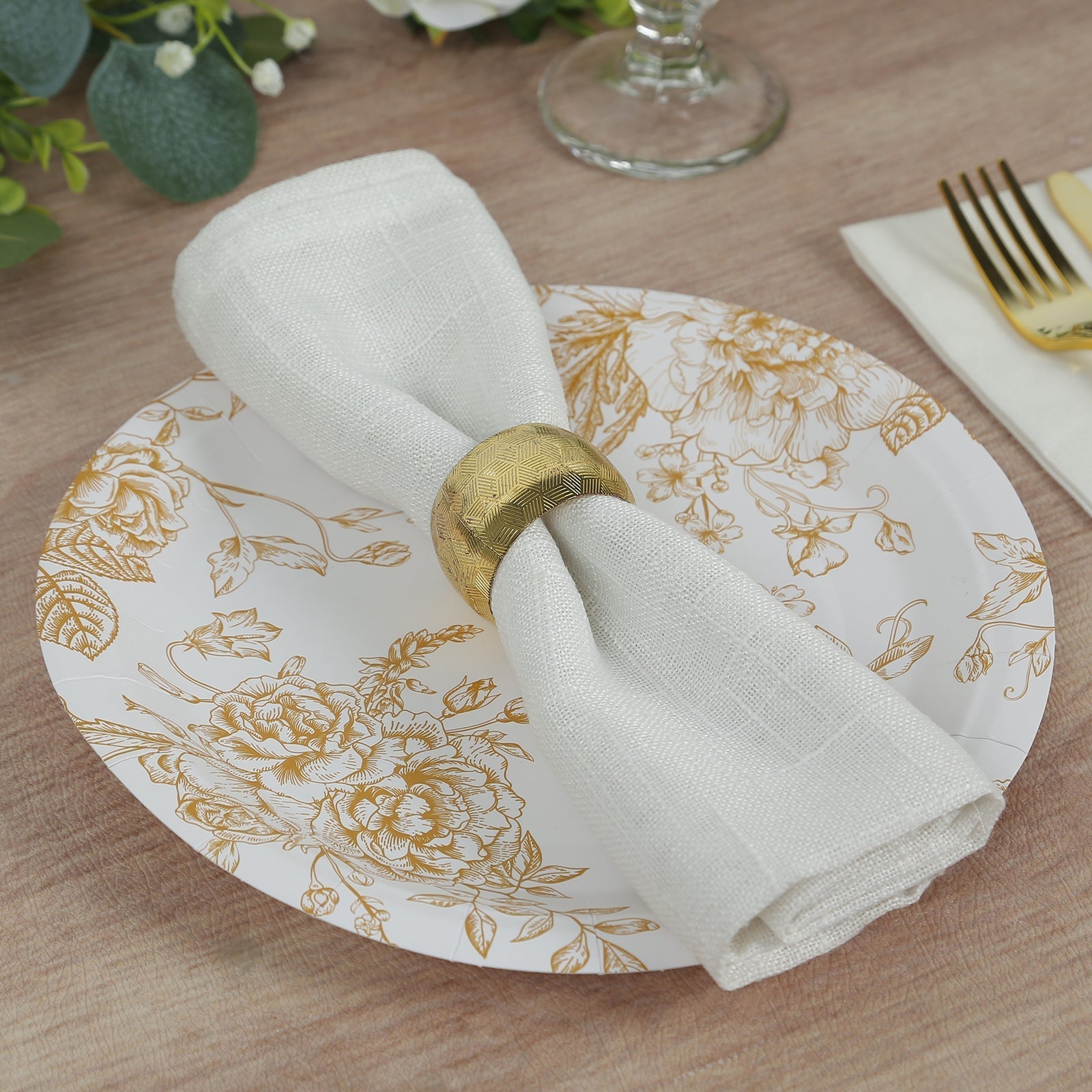 25 - Pack Paper 9" Round Dinner Plates in White with Gold French Toile Pattern - Disposable Floral Party Plates for Stylish Events - Bell Racket Store