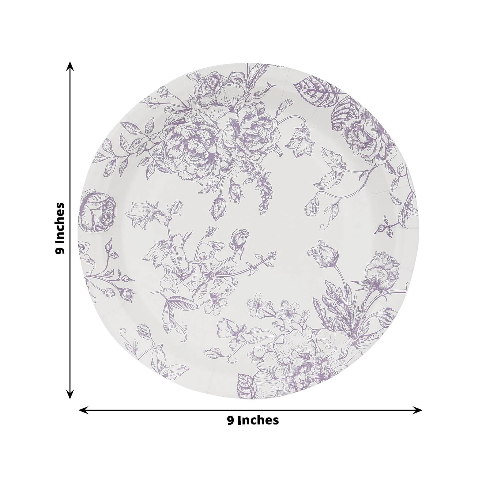 25 - Pack Paper 9" Round Dinner Plates in White with Matte Lavender French Toile Pattern - Disposable Floral Party Plates - Bell Racket Store