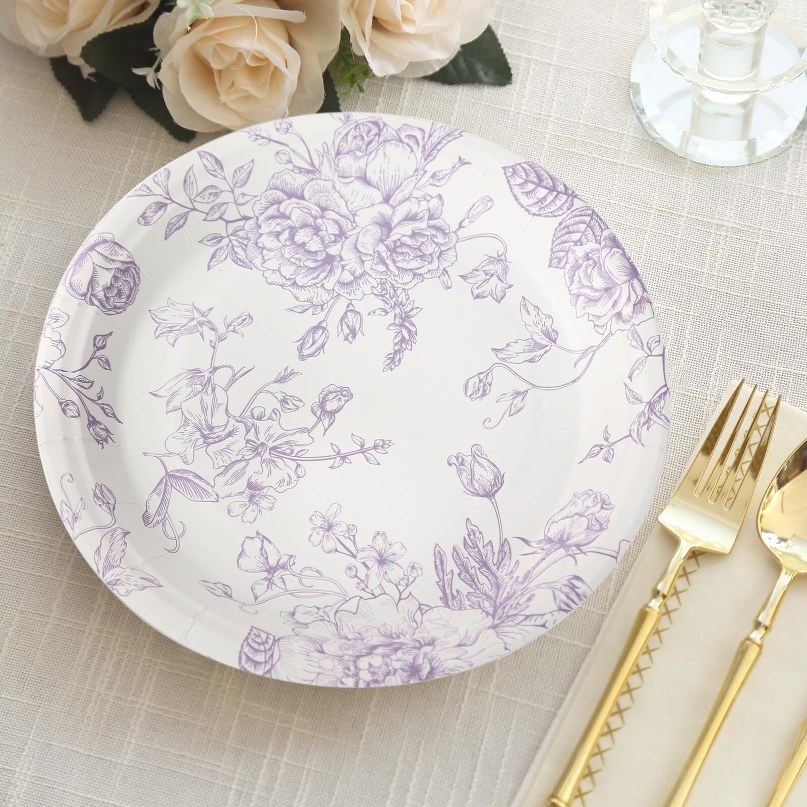 25 - Pack Paper 9" Round Dinner Plates in White with Matte Lavender French Toile Pattern - Disposable Floral Party Plates - Bell Racket Store