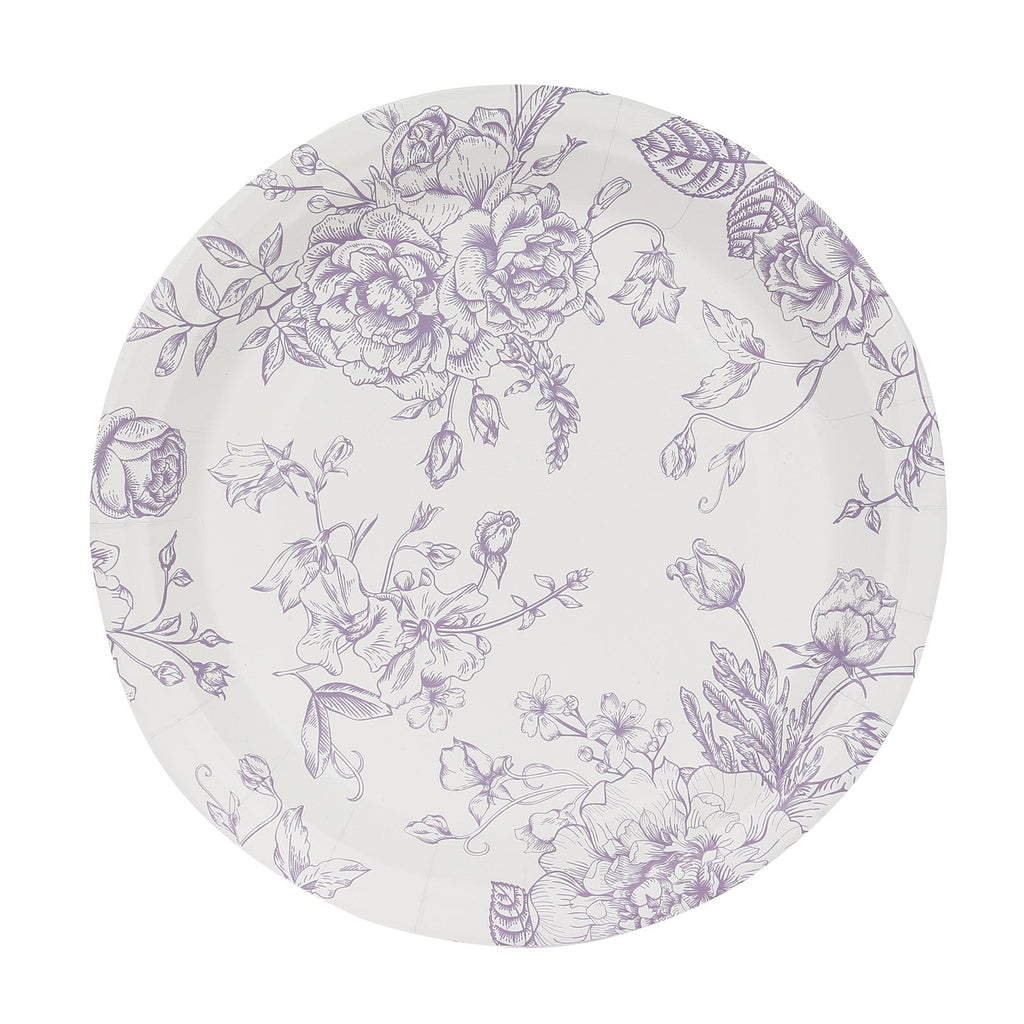 25 - Pack Paper 9" Round Dinner Plates in White with Matte Lavender French Toile Pattern - Disposable Floral Party Plates - Bell Racket Store