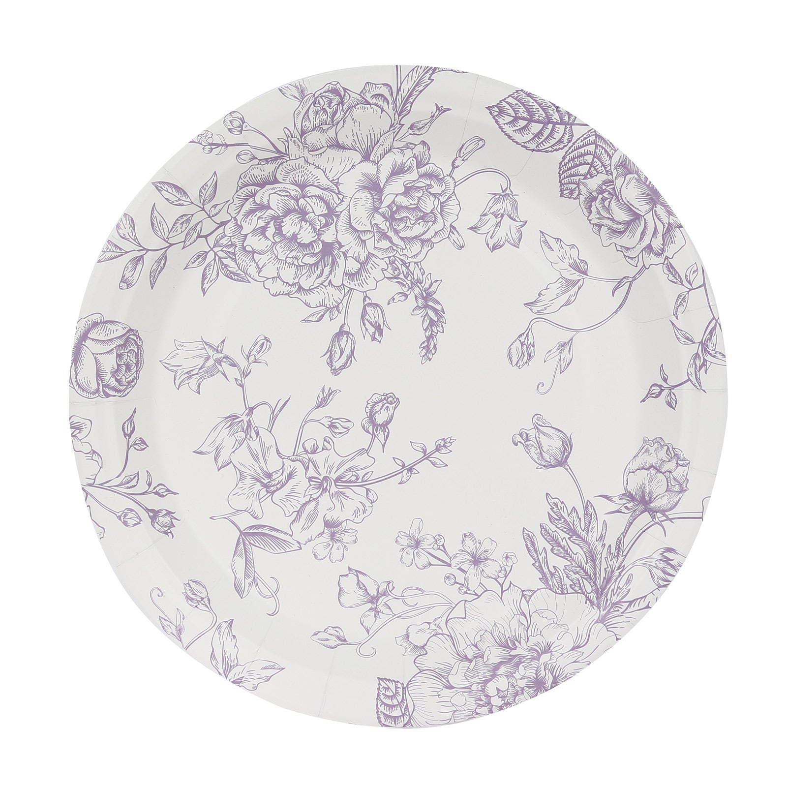 25 - Pack Paper 9" Round Dinner Plates in White with Matte Lavender French Toile Pattern - Disposable Floral Party Plates - Bell Racket Store