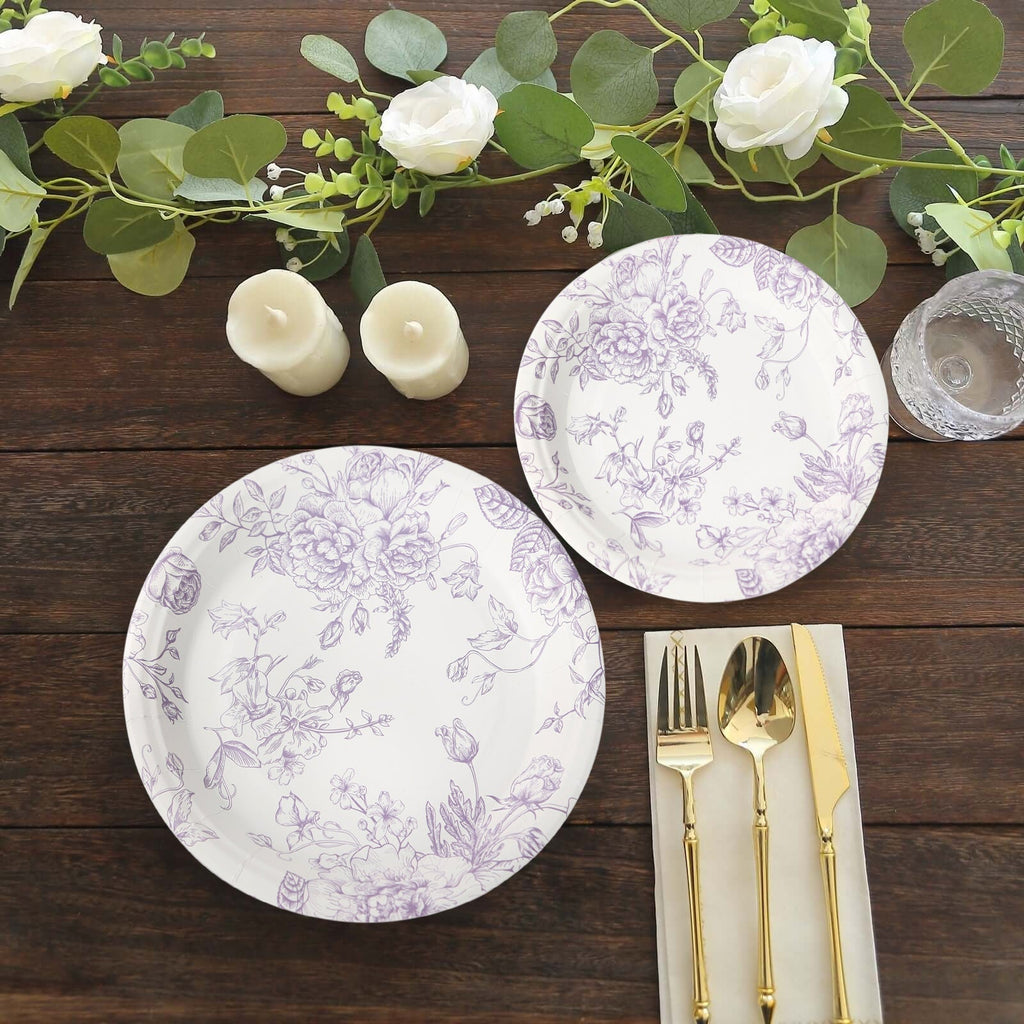 25 - Pack Paper 9" Round Dinner Plates in White with Matte Lavender French Toile Pattern - Disposable Floral Party Plates - Bell Racket Store