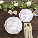 25 - Pack Paper 9" Round Dinner Plates in White with Matte Lavender French Toile Pattern - Disposable Floral Party Plates - Bell Racket Store