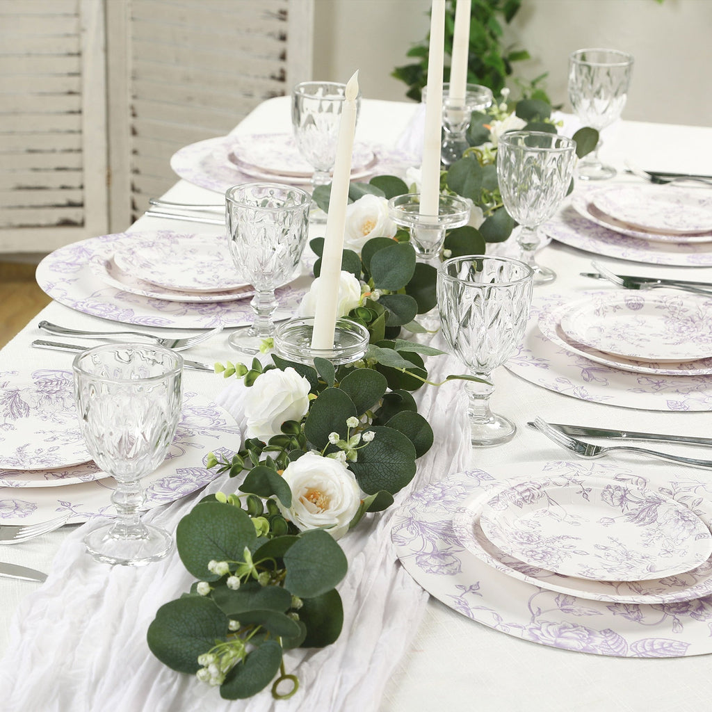 25 - Pack Paper 9" Round Dinner Plates in White with Matte Lavender French Toile Pattern - Disposable Floral Party Plates - Bell Racket Store