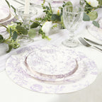 25 - Pack Paper 9" Round Dinner Plates in White with Matte Lavender French Toile Pattern - Disposable Floral Party Plates - Bell Racket Store