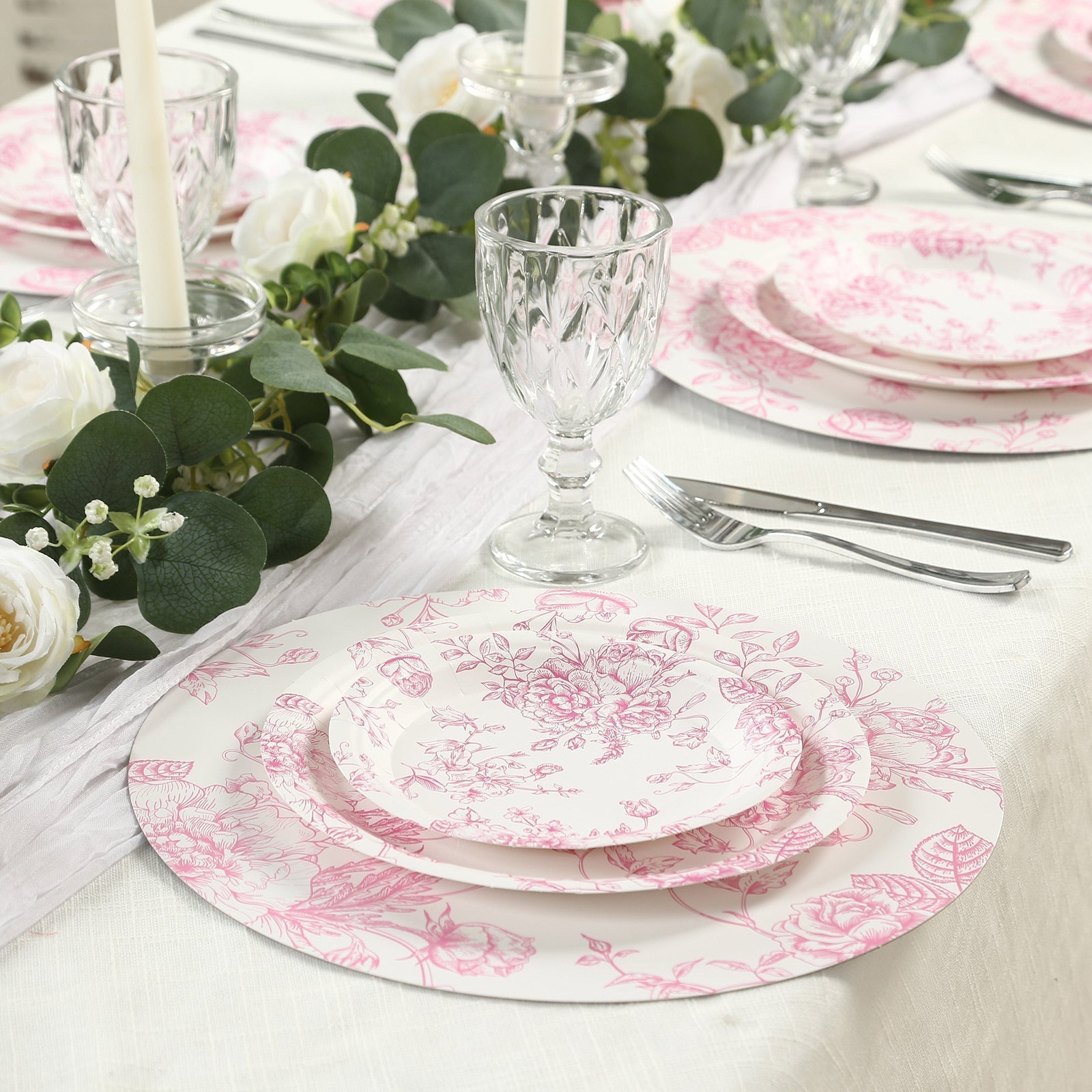 25 - Pack Paper 9" Round Dinner Plates in White with Matte Pink French Toile Pattern - Disposable Floral Party Plates - Bell Racket Store
