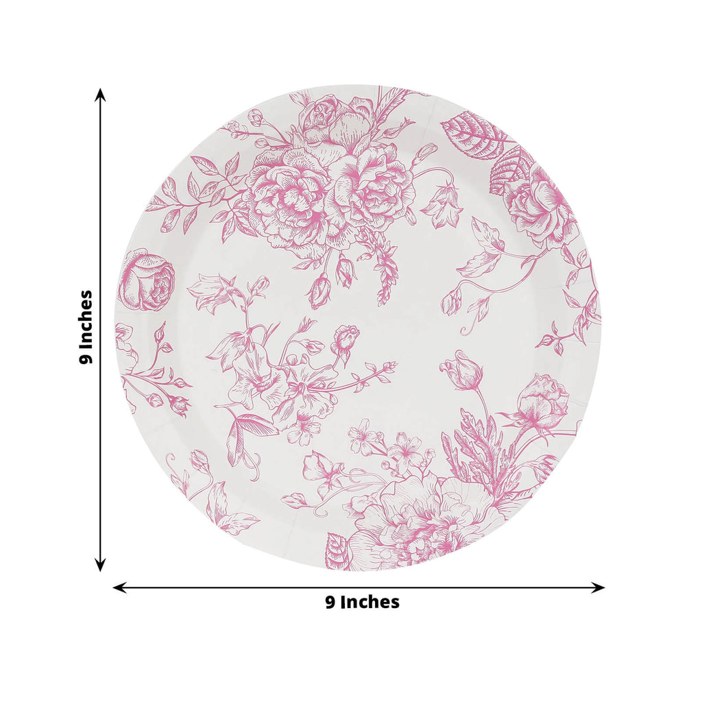 25 - Pack Paper 9" Round Dinner Plates in White with Matte Pink French Toile Pattern - Disposable Floral Party Plates - Bell Racket Store