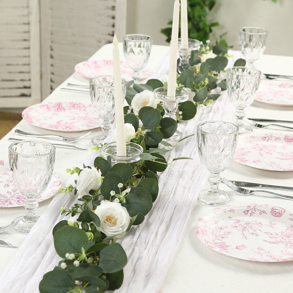 25 - Pack Paper 9" Round Dinner Plates in White with Matte Pink French Toile Pattern - Disposable Floral Party Plates - Bell Racket Store