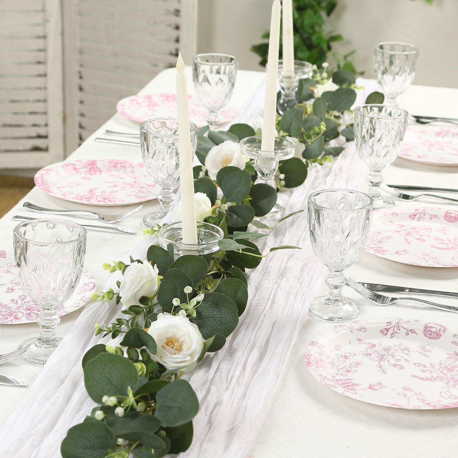 25 - Pack Paper 9" Round Dinner Plates in White with Matte Pink French Toile Pattern - Disposable Floral Party Plates - Bell Racket Store