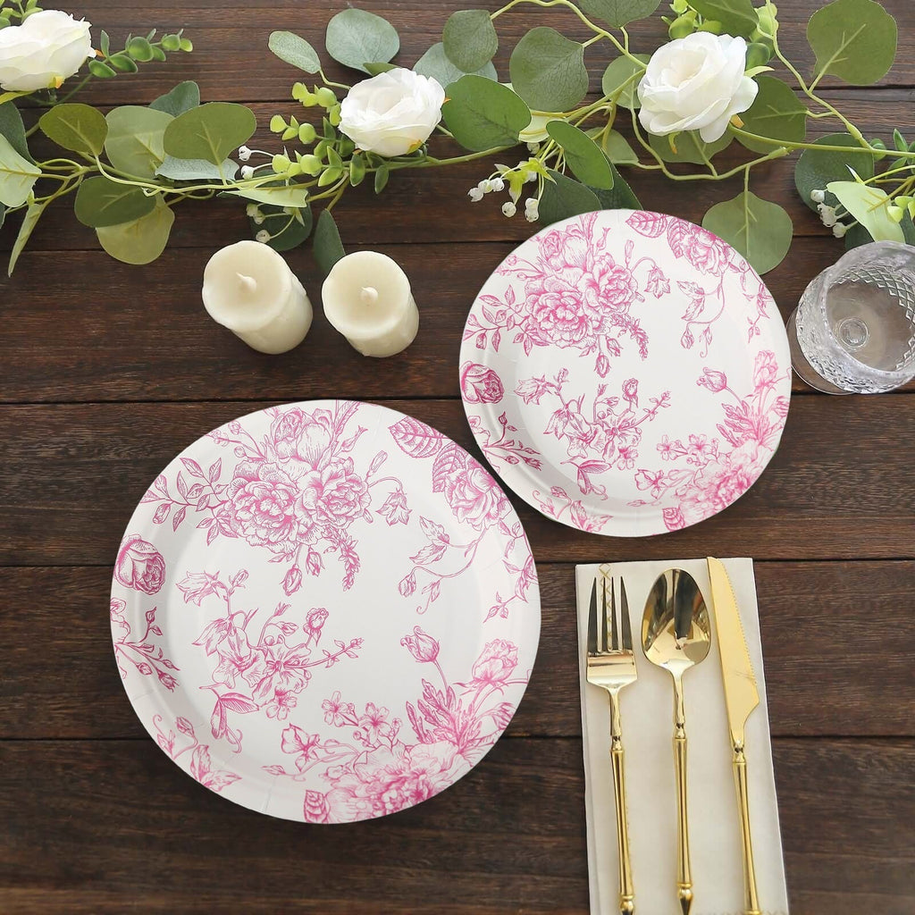 25 - Pack Paper 9" Round Dinner Plates in White with Matte Pink French Toile Pattern - Disposable Floral Party Plates - Bell Racket Store