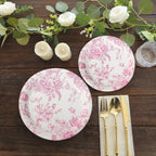 25 - Pack Paper 9" Round Dinner Plates in White with Matte Pink French Toile Pattern - Disposable Floral Party Plates - Bell Racket Store