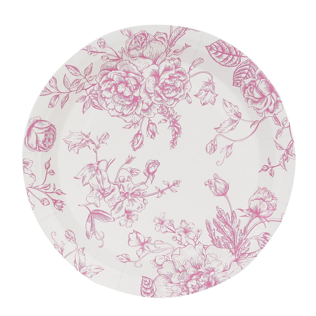 25 - Pack Paper 9" Round Dinner Plates in White with Matte Pink French Toile Pattern - Disposable Floral Party Plates - Bell Racket Store